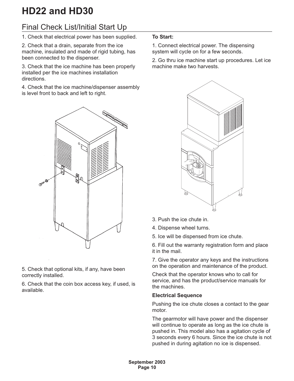 Installation - plumbing, Hd22 and hd30, Final check list/initial start up | Scotsman HD22 User Manual | Page 11 / 18