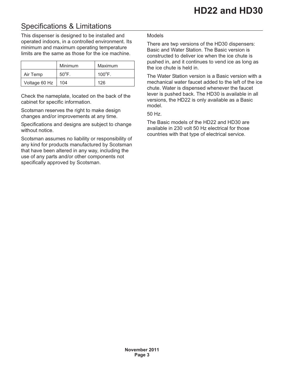 Hd22 and hd30, Specifications & limitations | Scotsman HD22 User Manual | Page 4 / 18