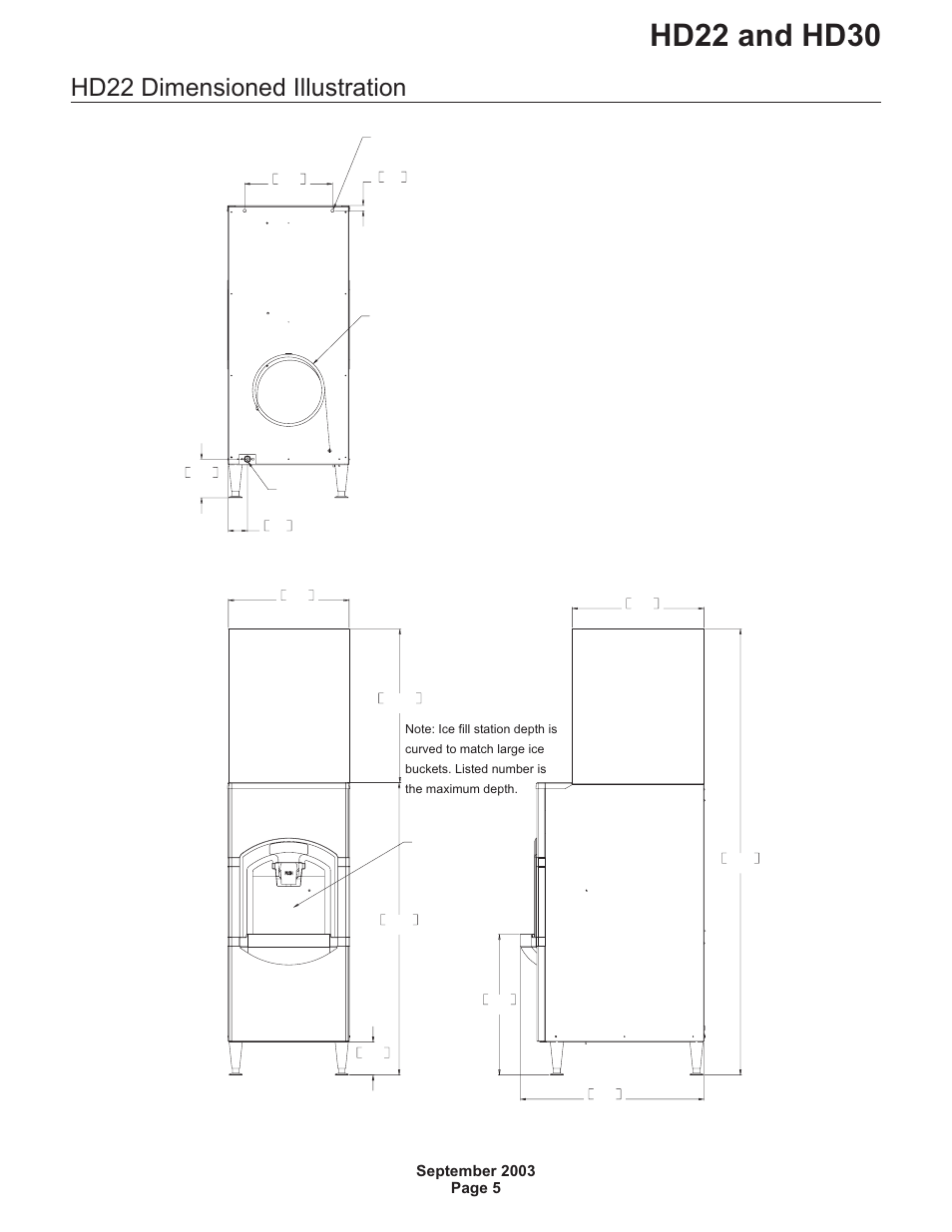 Hd22 and hd30, Hd22 dimensioned illustration, Front right side | Back | Scotsman HD22 User Manual | Page 6 / 18