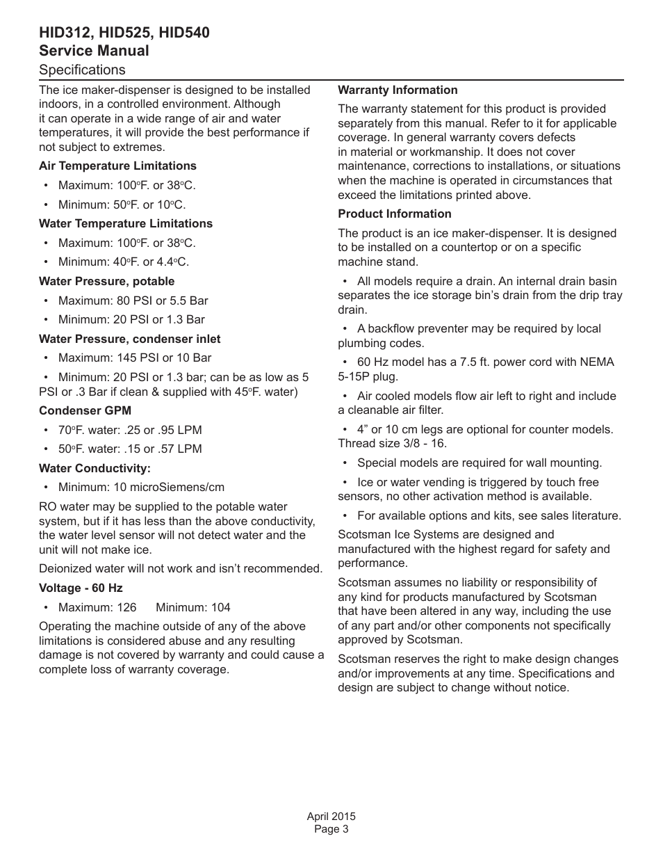 Specifications | Scotsman HID312 Service Manual User Manual | Page 3 / 41