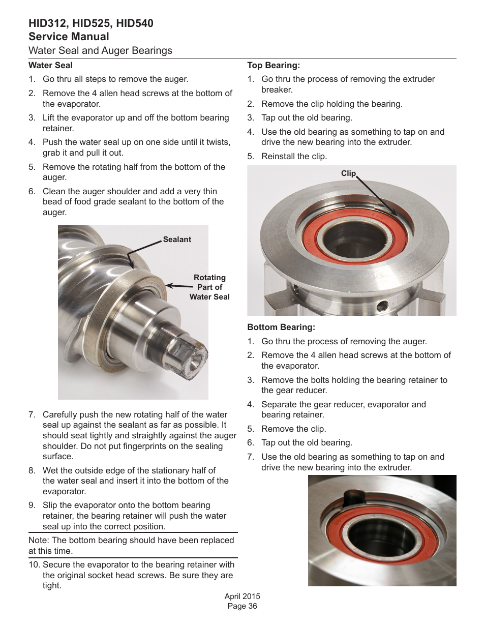 Water seal and auger bearings | Scotsman HID312 Service Manual User Manual | Page 36 / 41