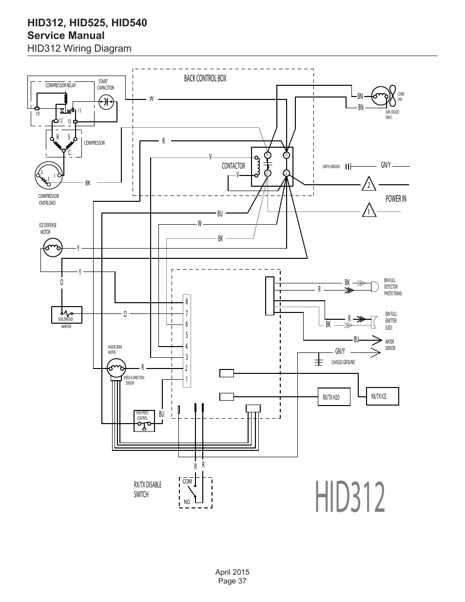 Hid312 wiring diagram, Hid312, Back control box power in | Scotsman HID312 Service Manual User Manual | Page 37 / 41