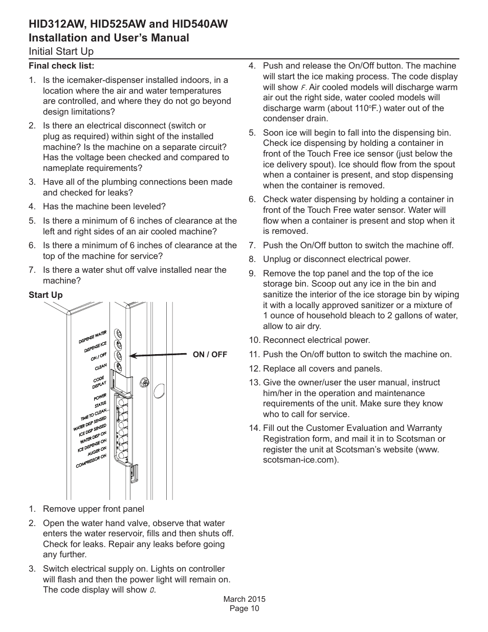 Initial start up | Scotsman HID312AW User Manual | Page 10 / 20