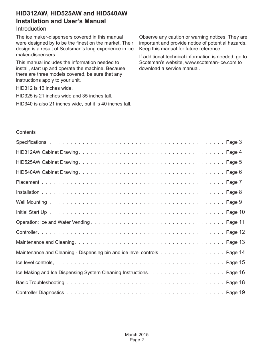 Scotsman HID312AW User Manual | Page 2 / 20