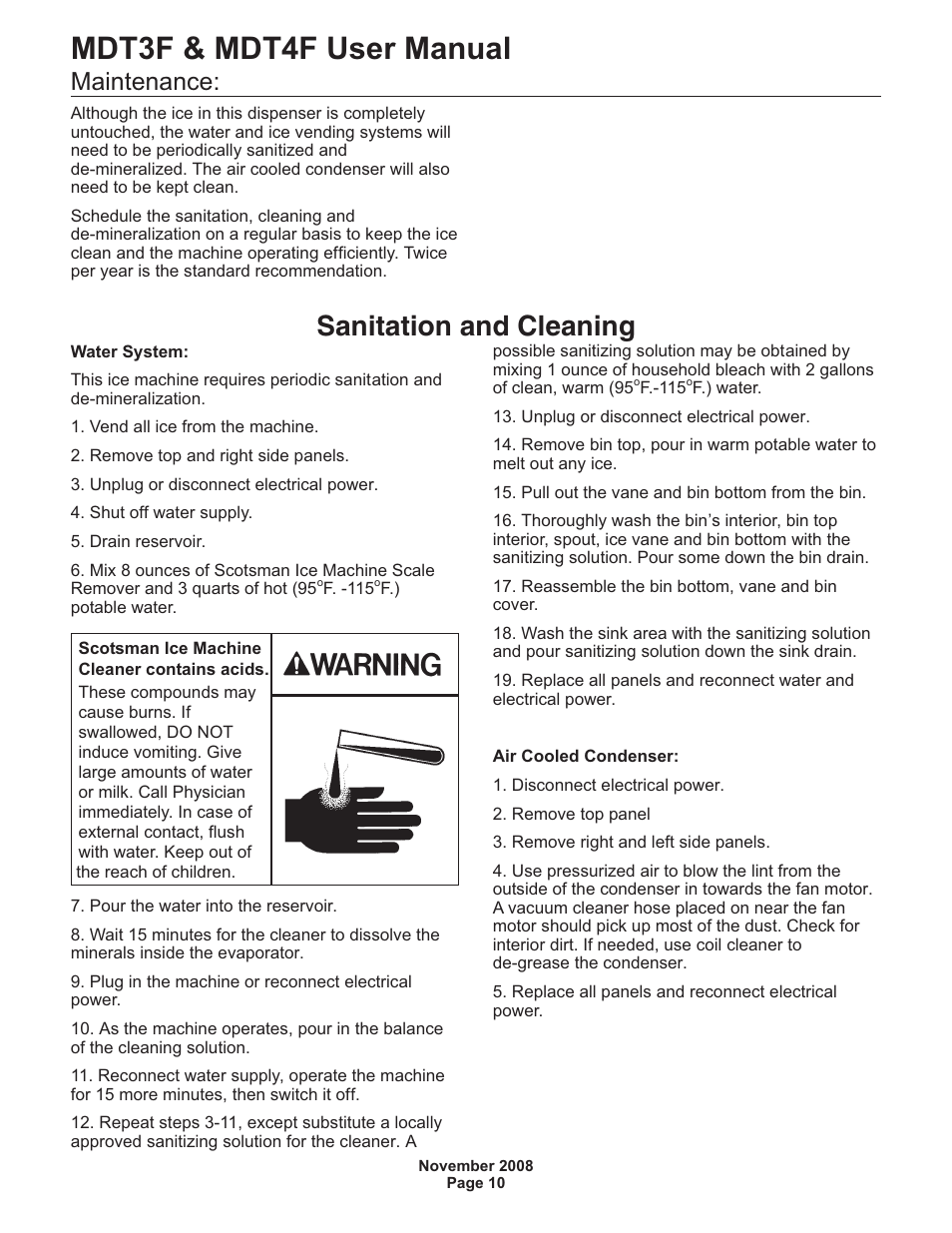 Mdt3f & mdt4f user manual, Sanitation and cleaning, Maintenance | Scotsman MDT3F12 User Manual | Page 11 / 16