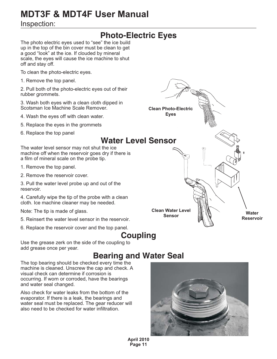 Mdt3f & mdt4f user manual, Photo-electric eyes, Water level sensor | Coupling, Bearing and water seal, Inspection | Scotsman MDT3F12 User Manual | Page 12 / 16