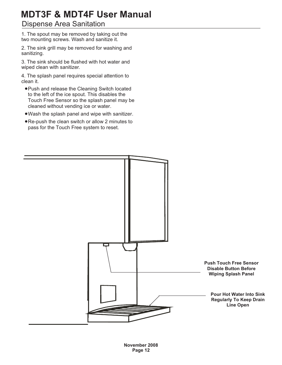 Mdt3f & mdt4f user manual, Dispense area sanitation | Scotsman MDT3F12 User Manual | Page 13 / 16