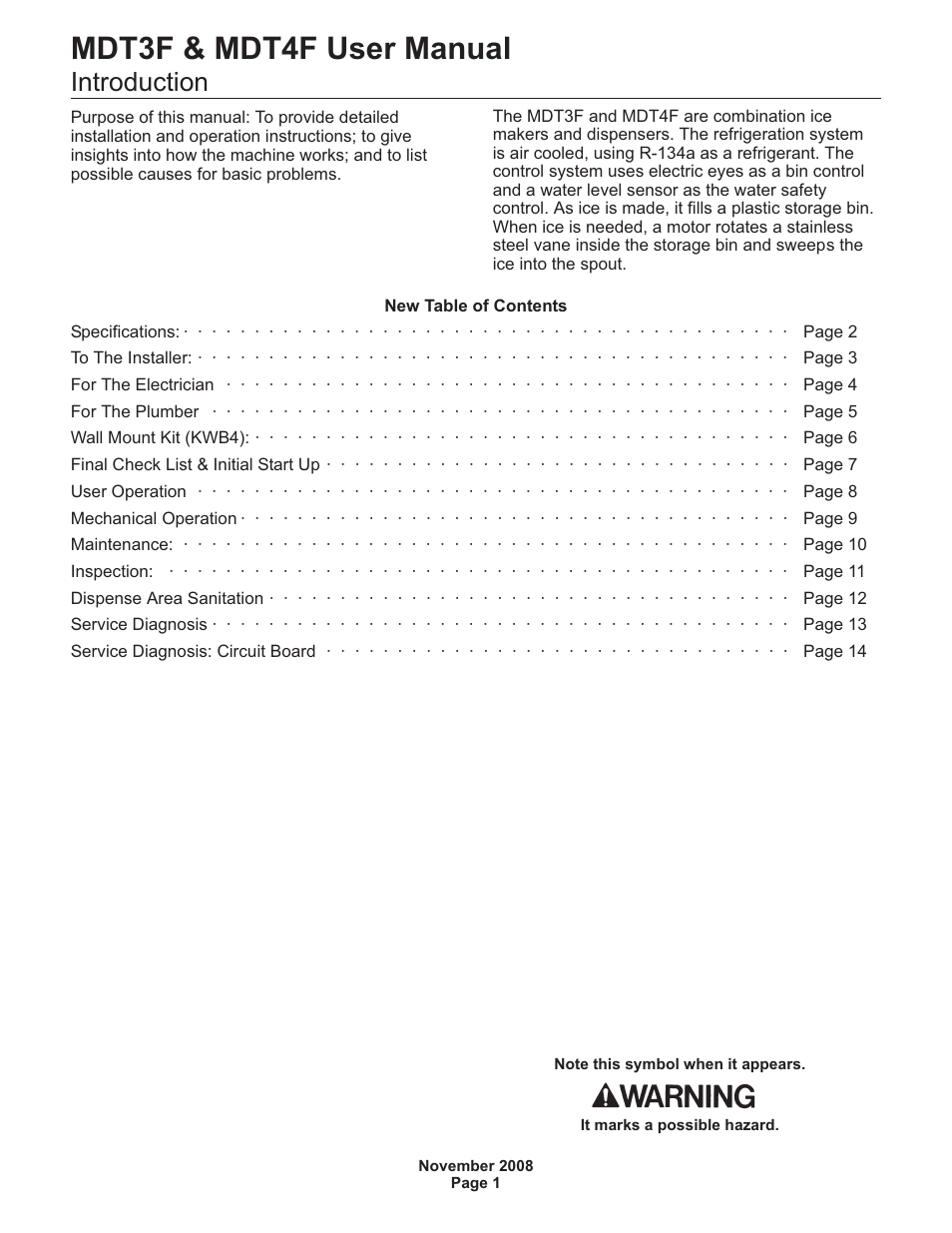 New table of contents, Mdt3f & mdt4f user manual, Introduction | Scotsman MDT3F12 User Manual | Page 2 / 16