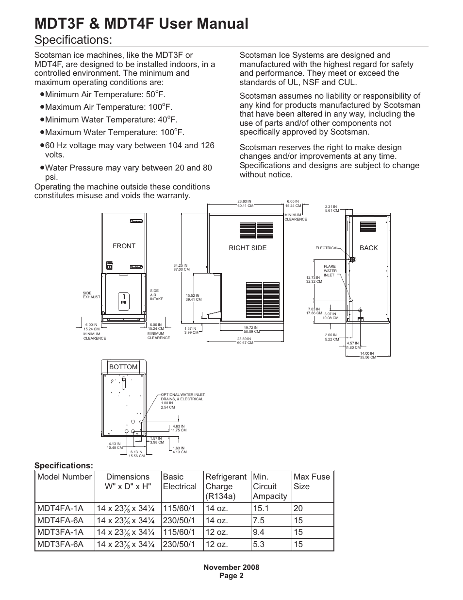 Mdt3f & mdt4f user manual, Specifications, Minimum air temperature: 50 | Maximum air temperature: 100, Minimum water temperature: 40, Maximum water temperature: 100 | Scotsman MDT3F12 User Manual | Page 3 / 16