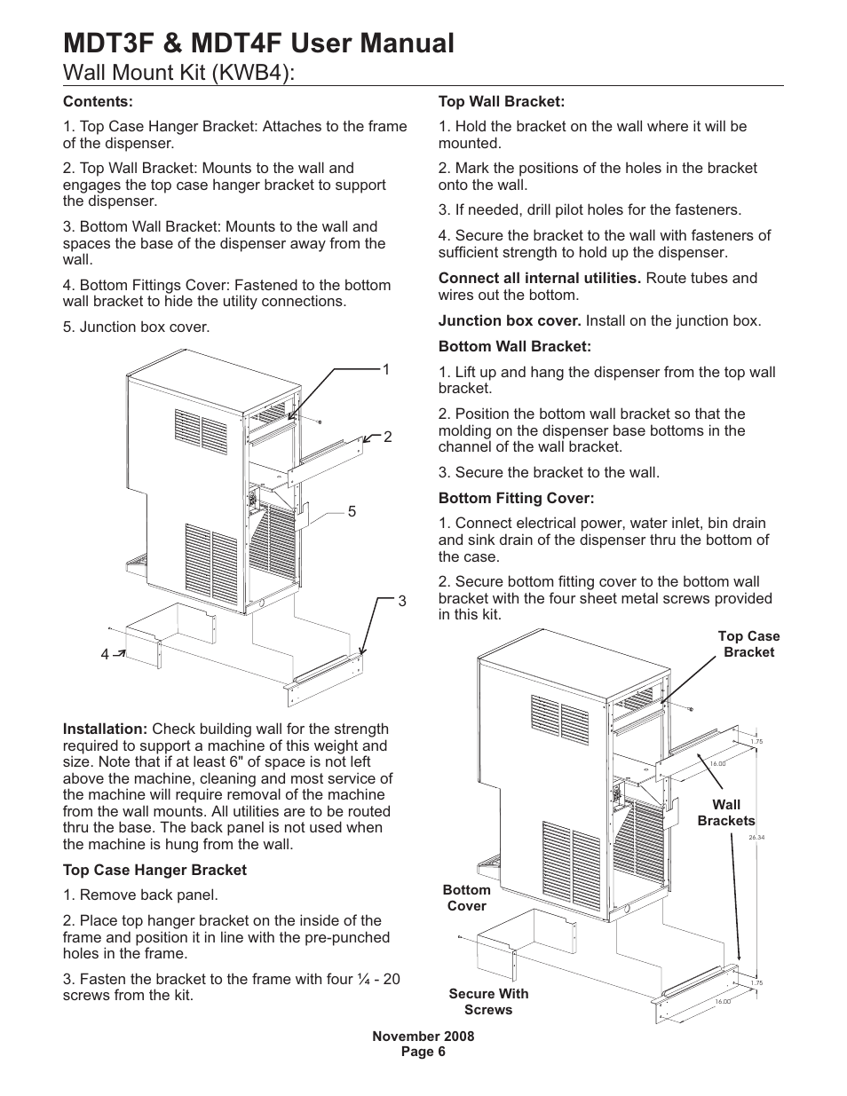 Mdt3f & mdt4f user manual, Wall mount kit (kwb4) | Scotsman MDT3F12 User Manual | Page 7 / 16