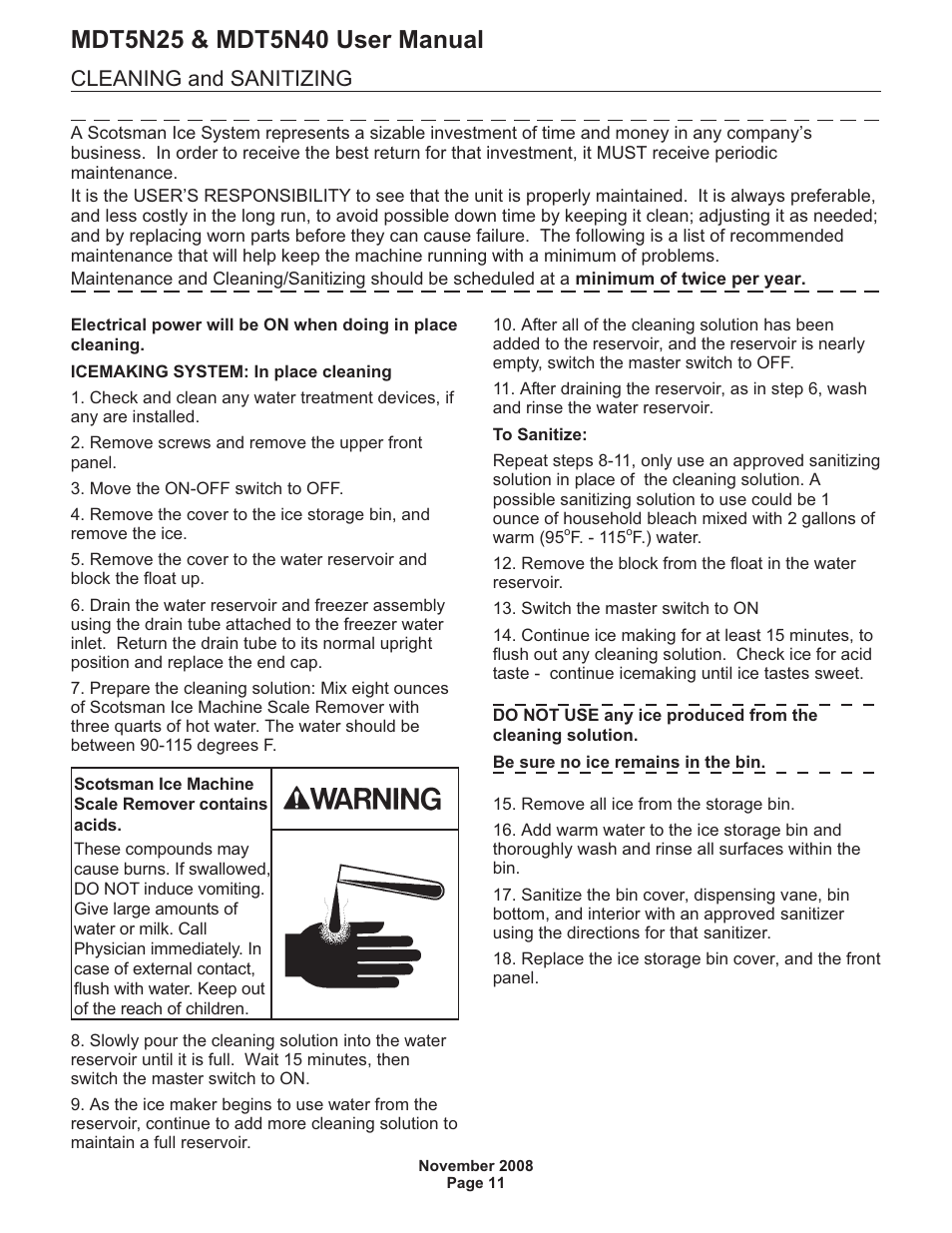 Cleaning and sanitizing | Scotsman MDT5N25 User Manual | Page 12 / 16