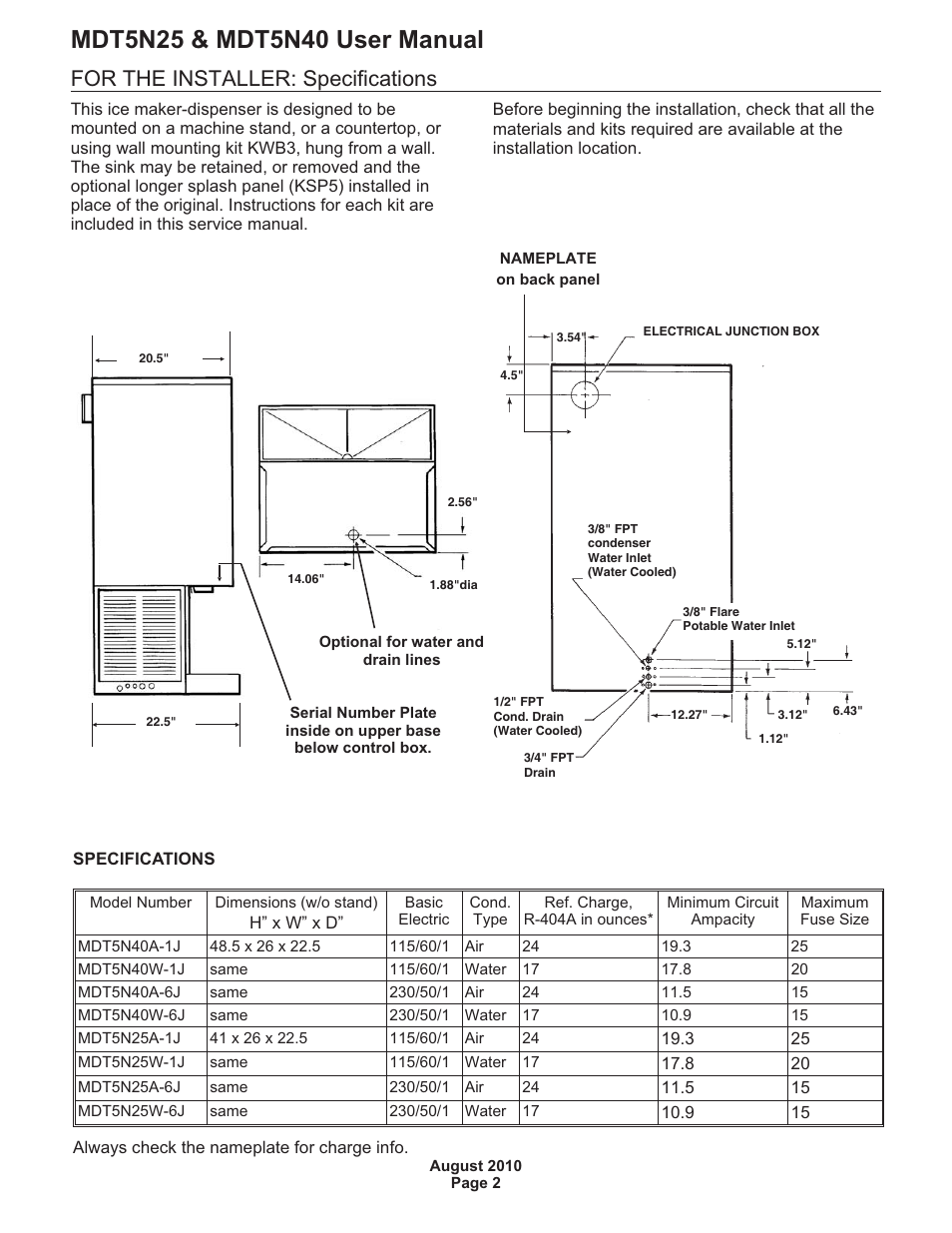 For the installer: specifications | Scotsman MDT5N25 User Manual | Page 3 / 16