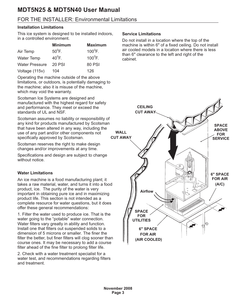 For the installer: environmental limitations | Scotsman MDT5N25 User Manual | Page 4 / 16