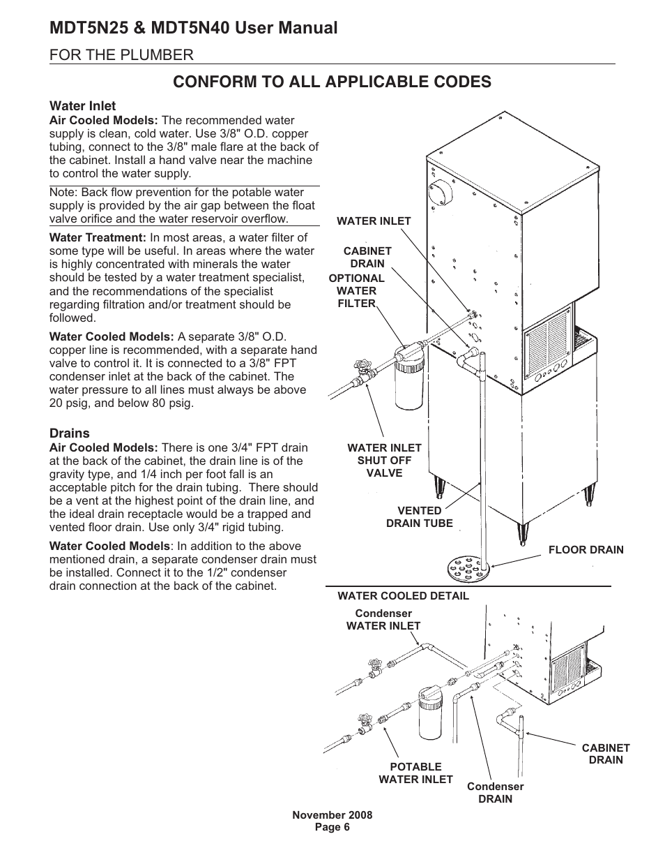 Conform to all applicable codes, For the plumber | Scotsman MDT5N25 User Manual | Page 7 / 16