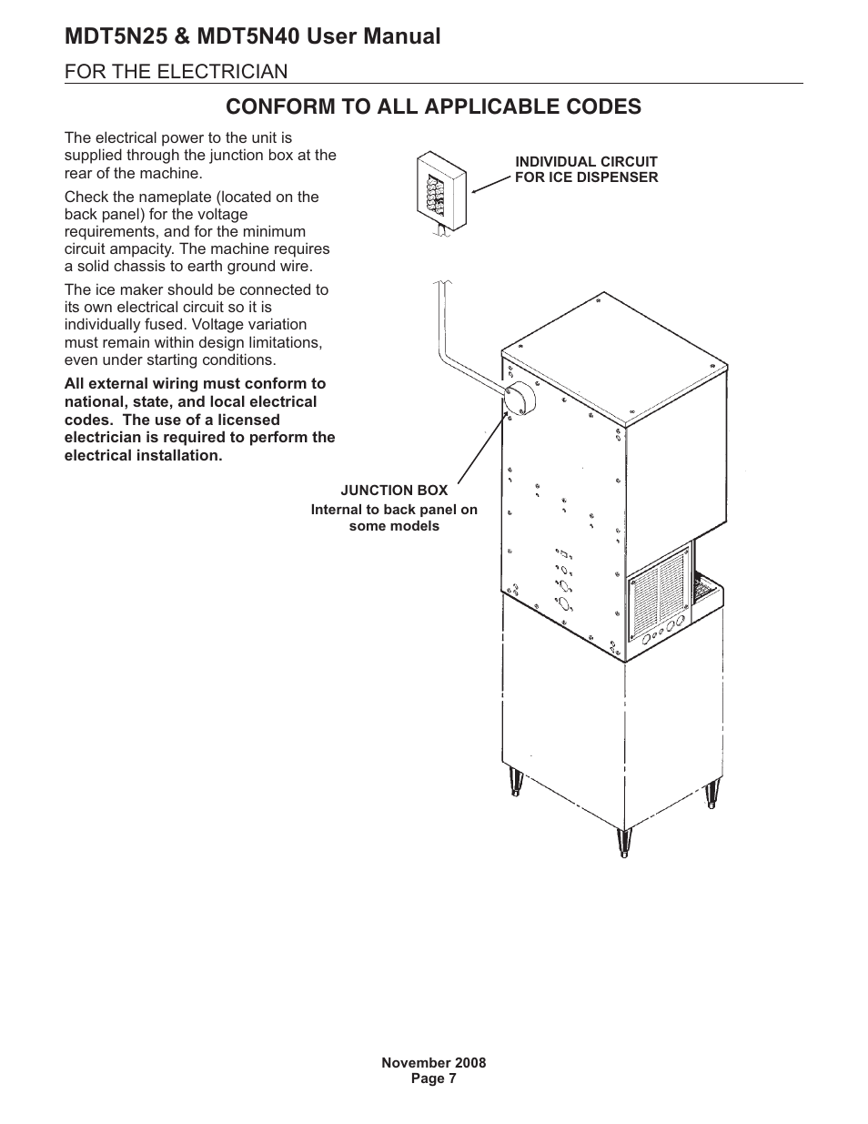 Conform to all applicable codes, For the electrician | Scotsman MDT5N25 User Manual | Page 8 / 16