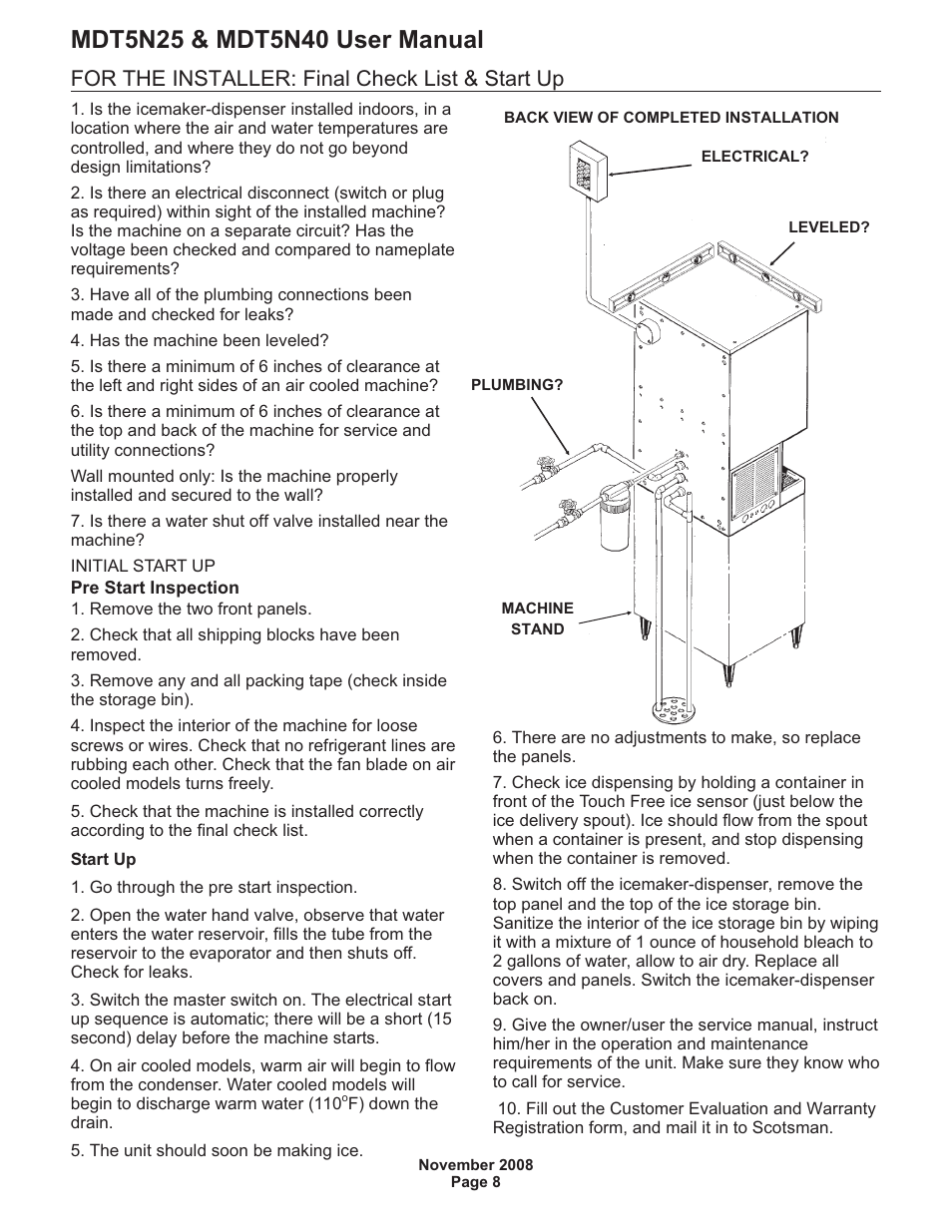 For the installer: final check list & start up | Scotsman MDT5N25 User Manual | Page 9 / 16