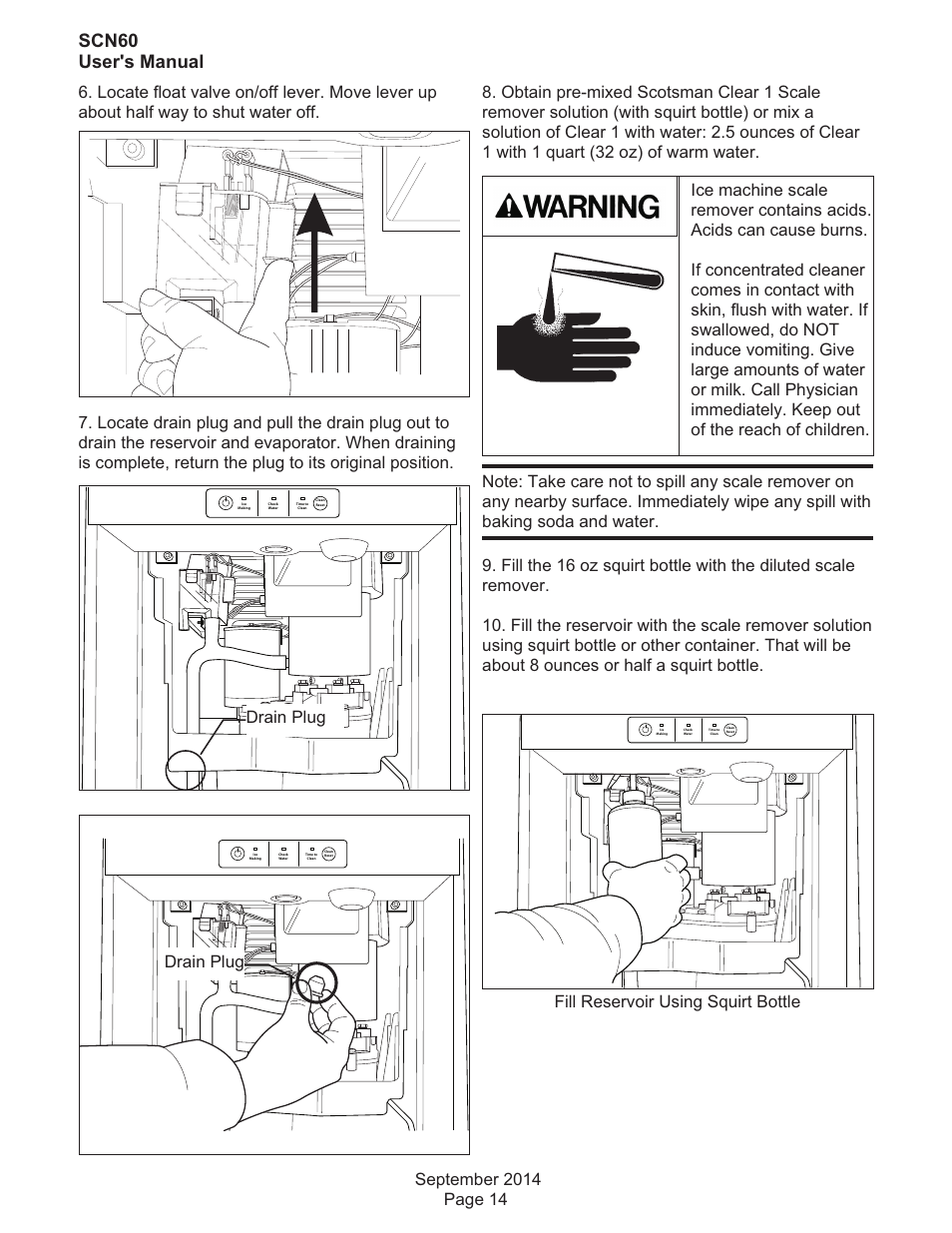 Scn60 user's manual, Drain plug, Fill reservoir using squirt bottle | Scotsman SCN60 User Manual | Page 15 / 18