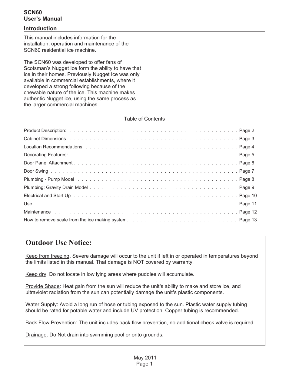 Outdoor use notice | Scotsman SCN60 User Manual | Page 2 / 18
