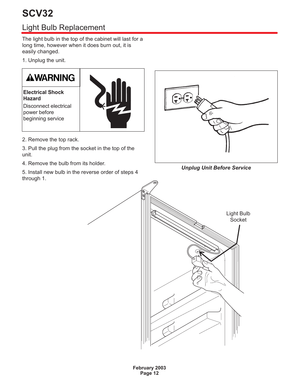 Light bulb replacement 12, Light bulb replacement, Scv32 | Scotsman SCV32 User Manual | Page 13 / 16