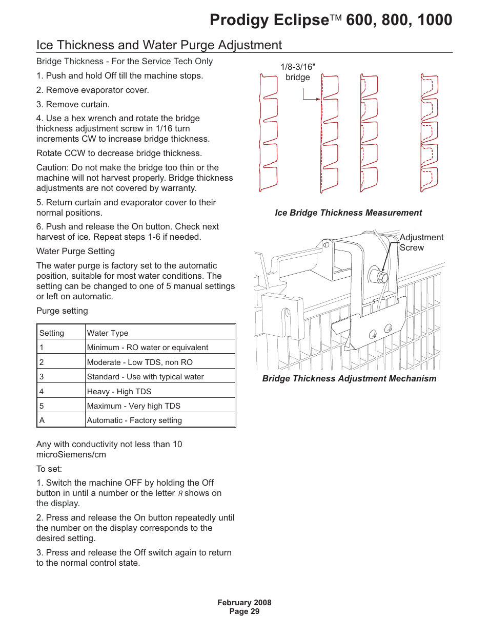 Ice thickness and water purge adjustment | Scotsman 600 Prodigy Eclipse User Manual | Page 29 / 50