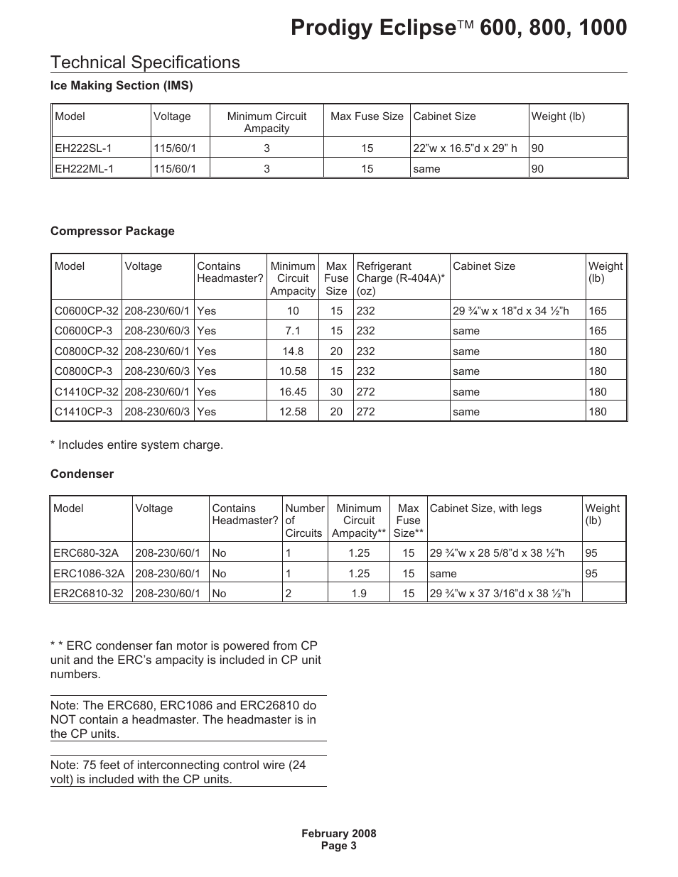 Technical specifications | Scotsman 600 Prodigy Eclipse User Manual | Page 3 / 50