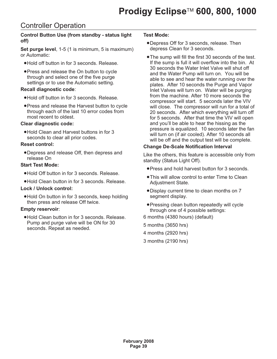 Controller operation | Scotsman 600 Prodigy Eclipse User Manual | Page 39 / 50