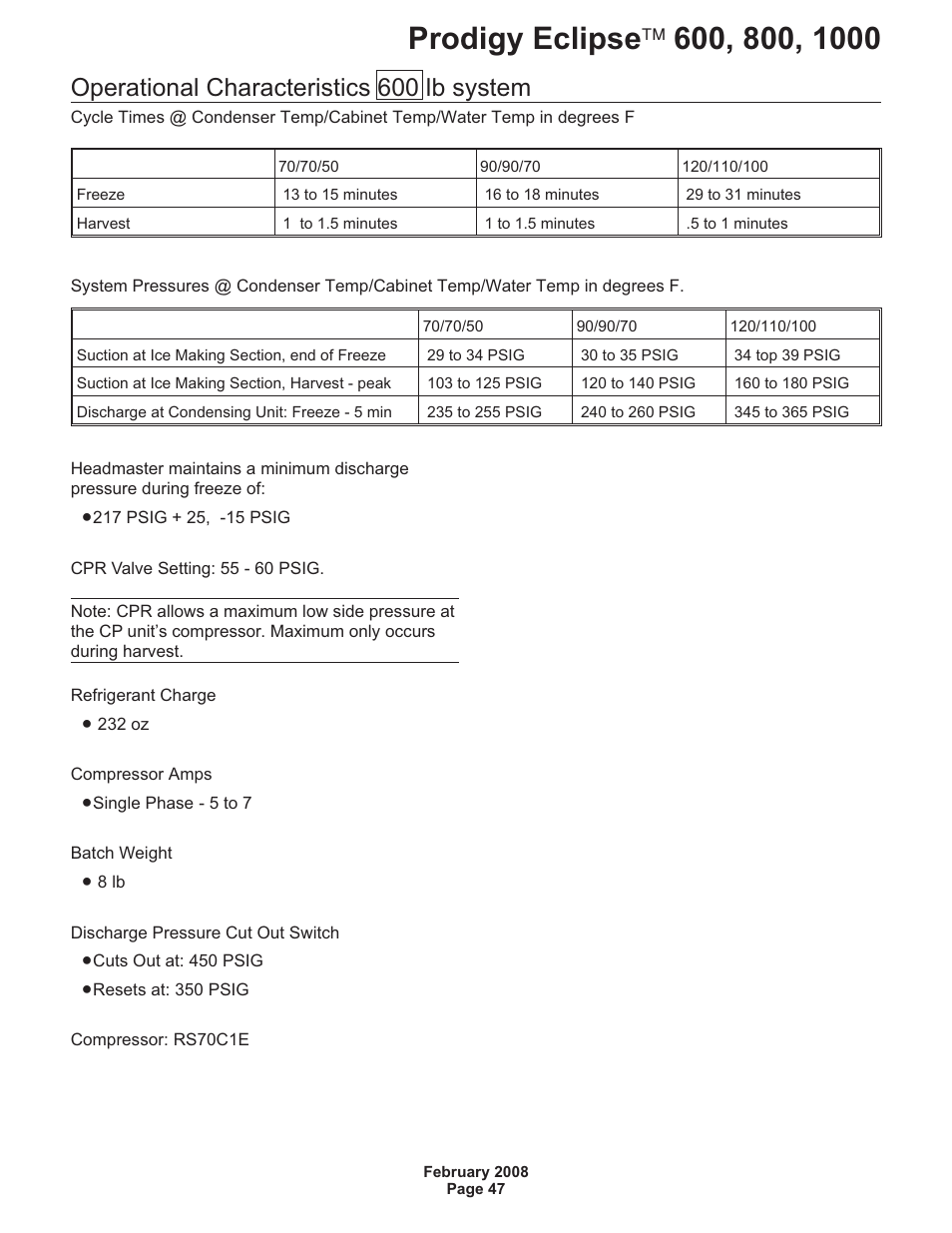 Operational characteristics 600 lb system | Scotsman 600 Prodigy Eclipse User Manual | Page 47 / 50