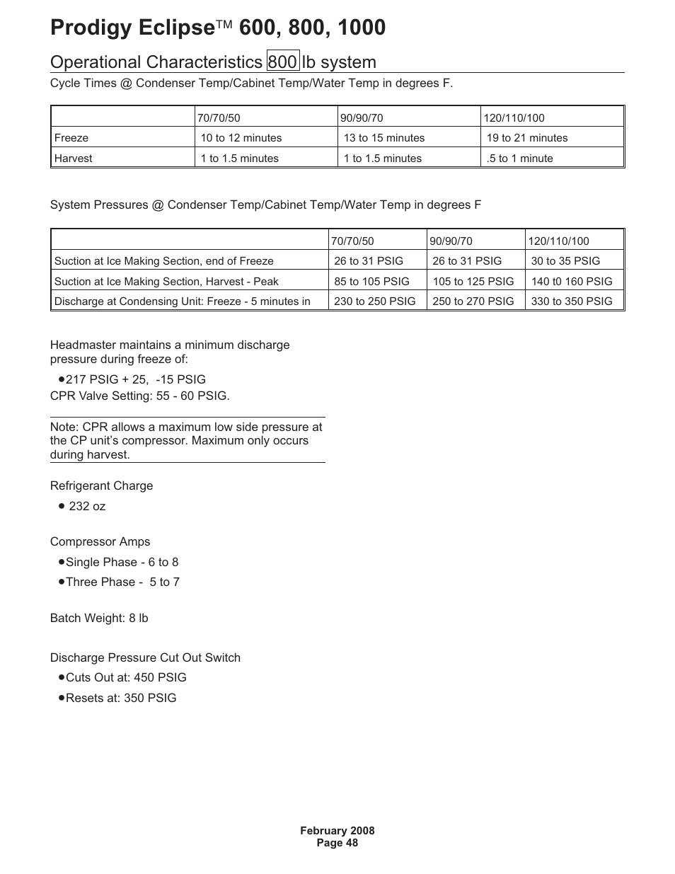 Operational characteristics 800 lb system | Scotsman 600 Prodigy Eclipse User Manual | Page 48 / 50