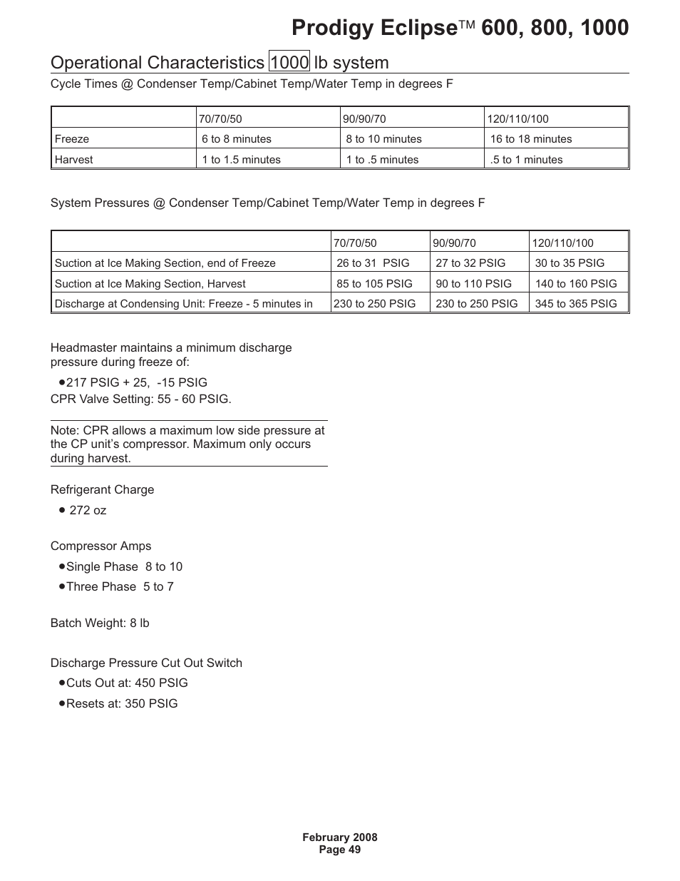 Operational characteristics 1000 lb system | Scotsman 600 Prodigy Eclipse User Manual | Page 49 / 50