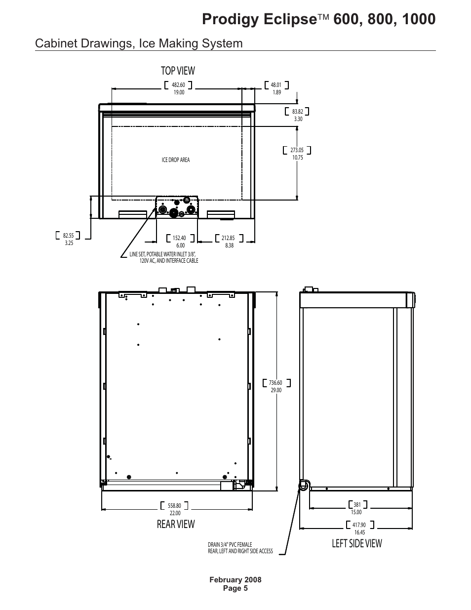 Cabinet drawings, ice making system, Left side view top view rear view | Scotsman 600 Prodigy Eclipse User Manual | Page 5 / 50