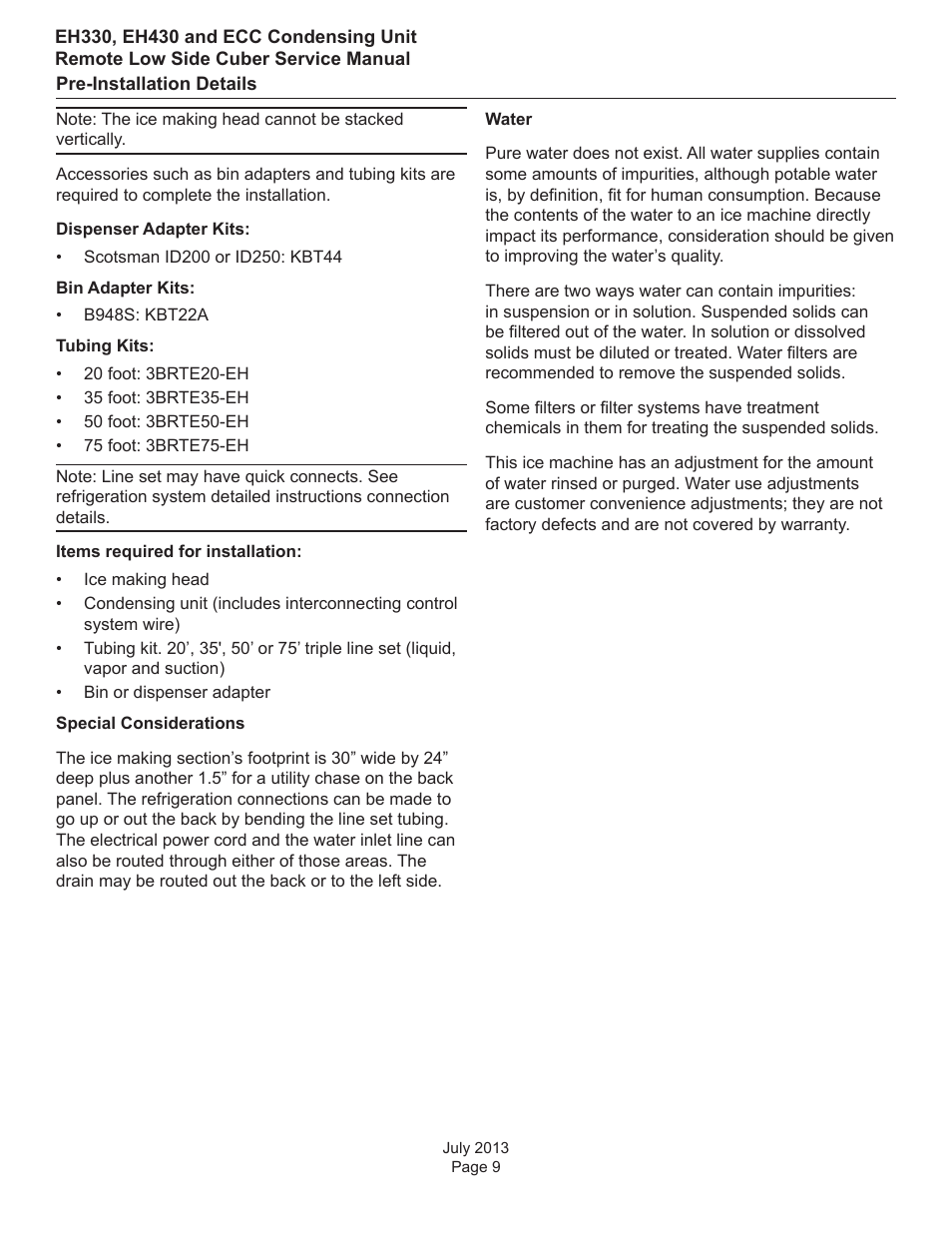 Pre-installation details | Scotsman EH330 C with ECC Condensing Unit ECC1200 User Manual | Page 10 / 57