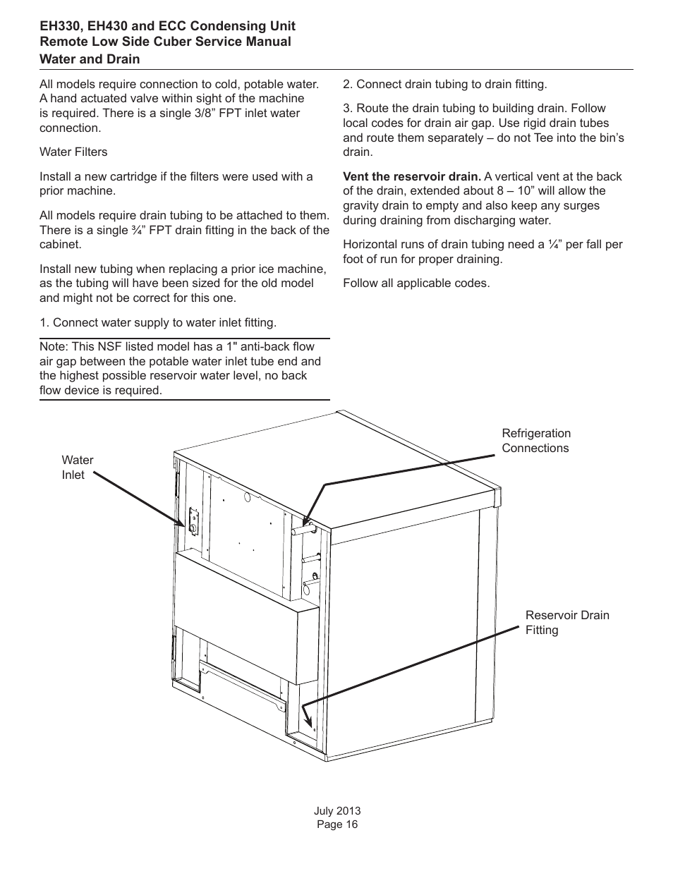 Water and drain | Scotsman EH330 C with ECC Condensing Unit ECC1200 User Manual | Page 17 / 57