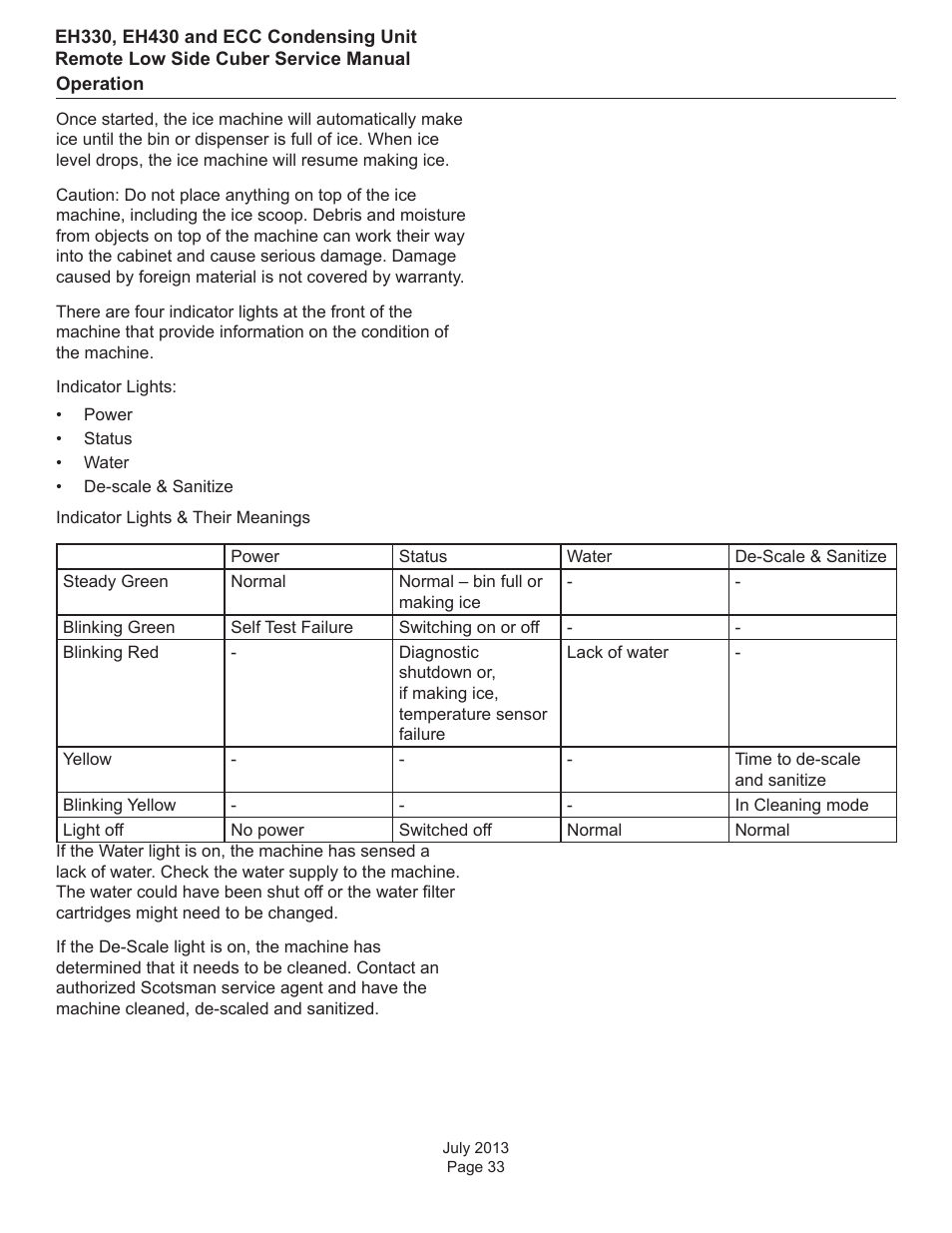 Operation | Scotsman EH330 C with ECC Condensing Unit ECC1200 User Manual | Page 34 / 57