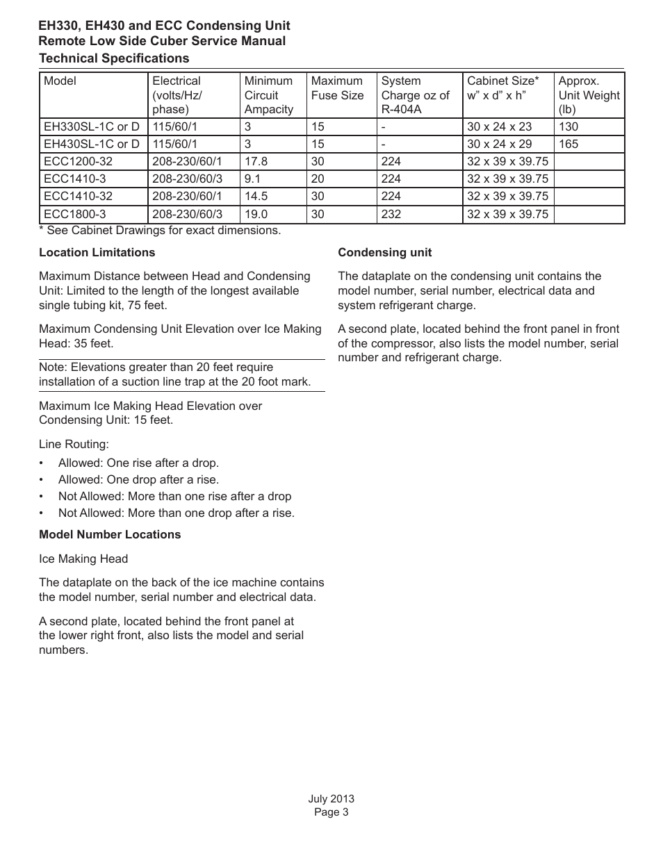 Technical specifications | Scotsman EH330 C with ECC Condensing Unit ECC1200 User Manual | Page 4 / 57