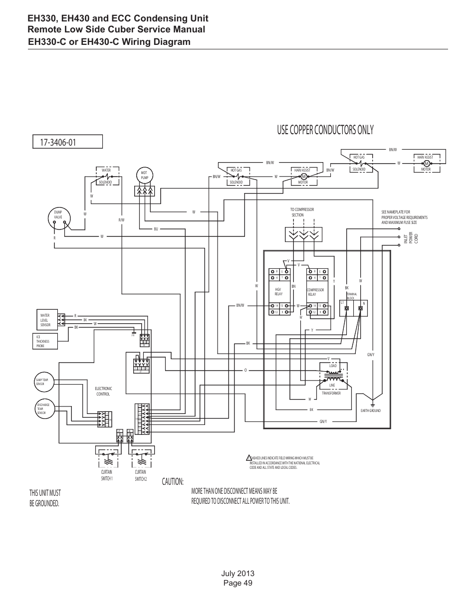 Eh330-c or eh430-c wiring diagram, Use copper conductors only, Caution | This unit must be grounded | Scotsman EH330 C with ECC Condensing Unit ECC1200 User Manual | Page 50 / 57