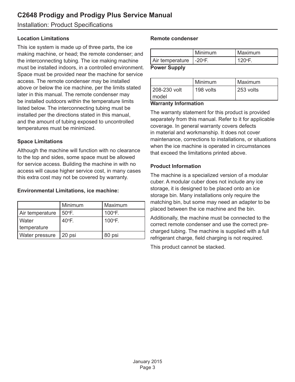 C2648 prodigy and prodigy plus service manual, Installation: product specifications | Scotsman C2648 User Manual | Page 3 / 67