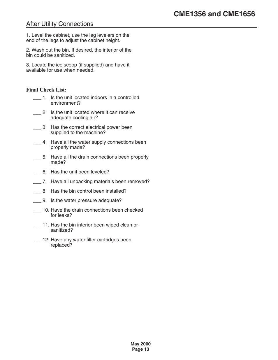 After utility connections | Scotsman CME1356 User Manual | Page 13 / 43