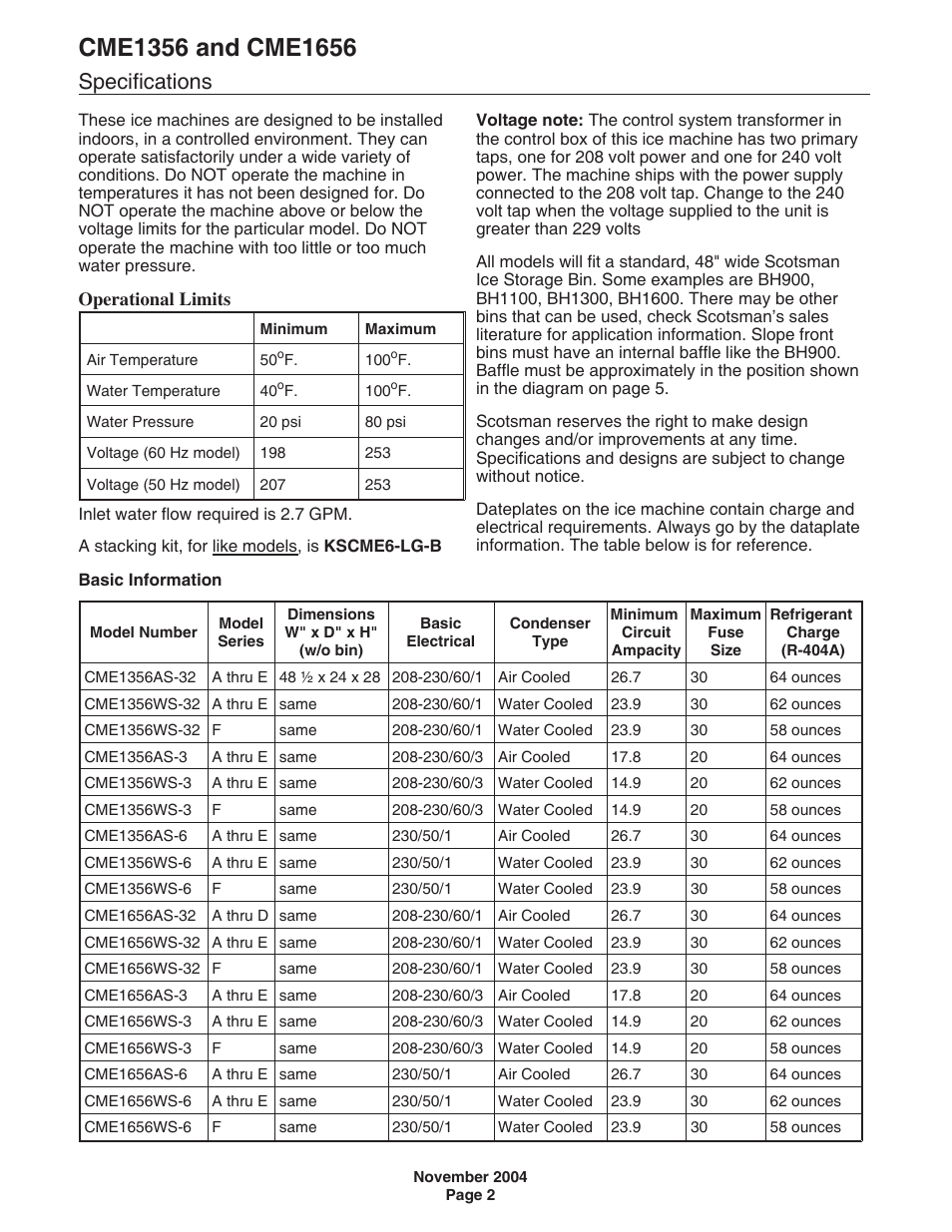 Specifications | Scotsman CME1356 User Manual | Page 2 / 43