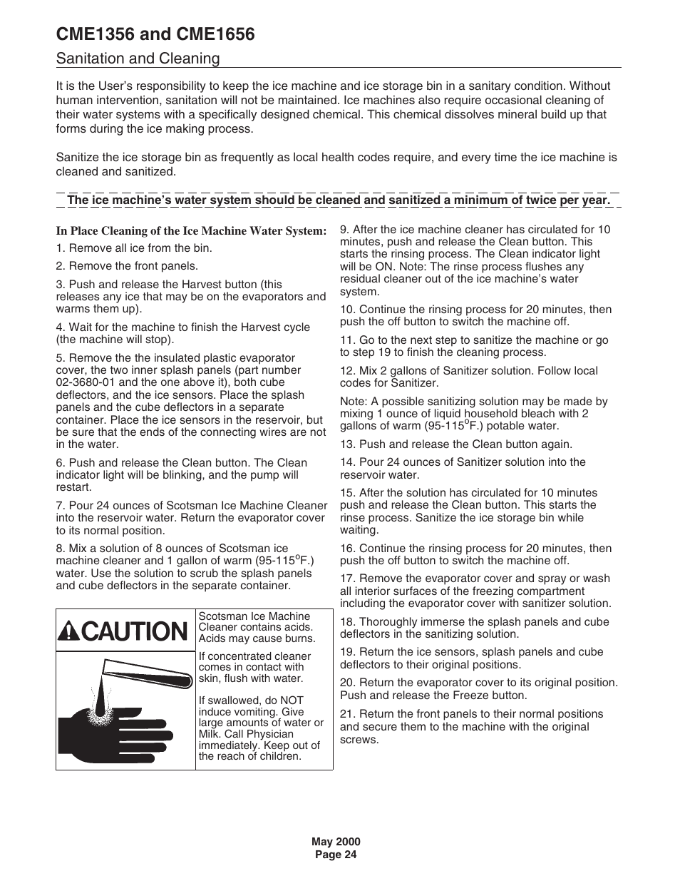 Sanitation and cleaning | Scotsman CME1356 User Manual | Page 24 / 43