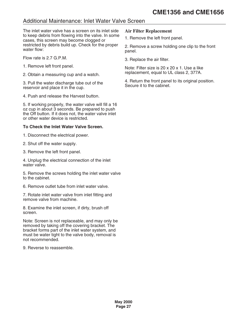 Additional maintenance: inlet water valve screen | Scotsman CME1356 User Manual | Page 27 / 43