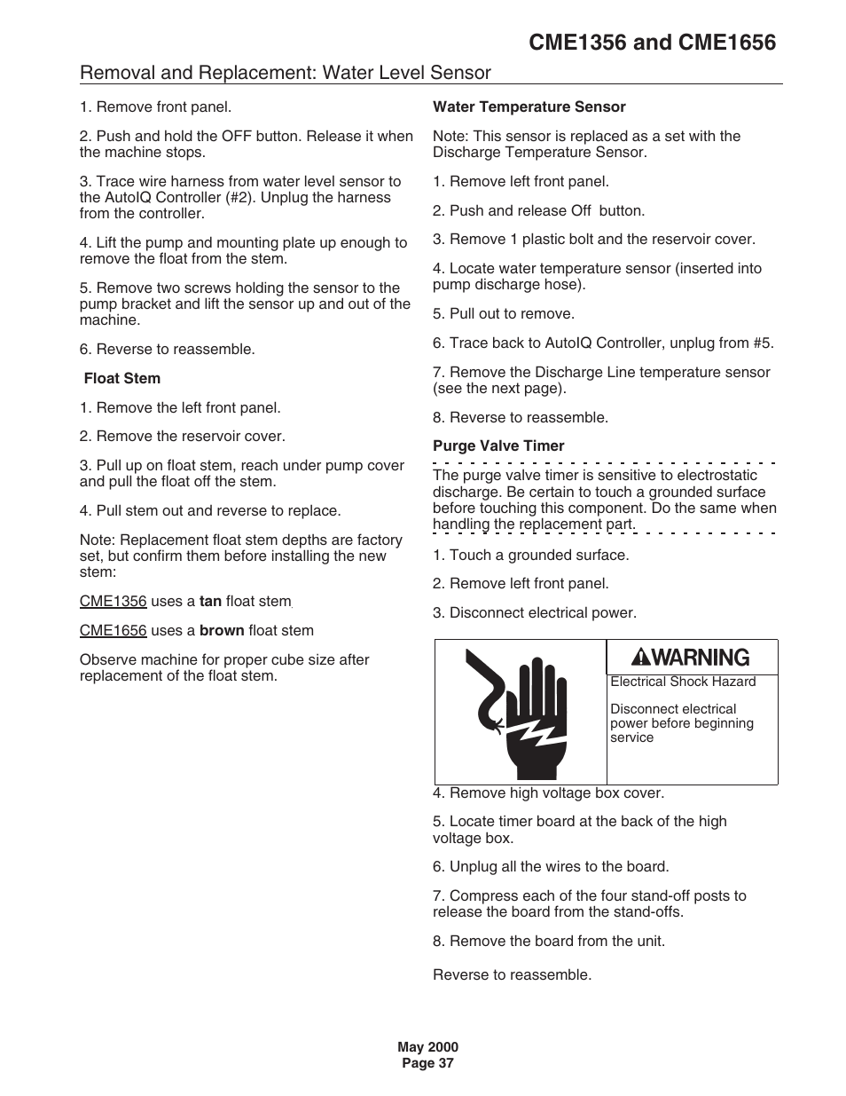 Removal and replacement: water level sensor | Scotsman CME1356 User Manual | Page 37 / 43