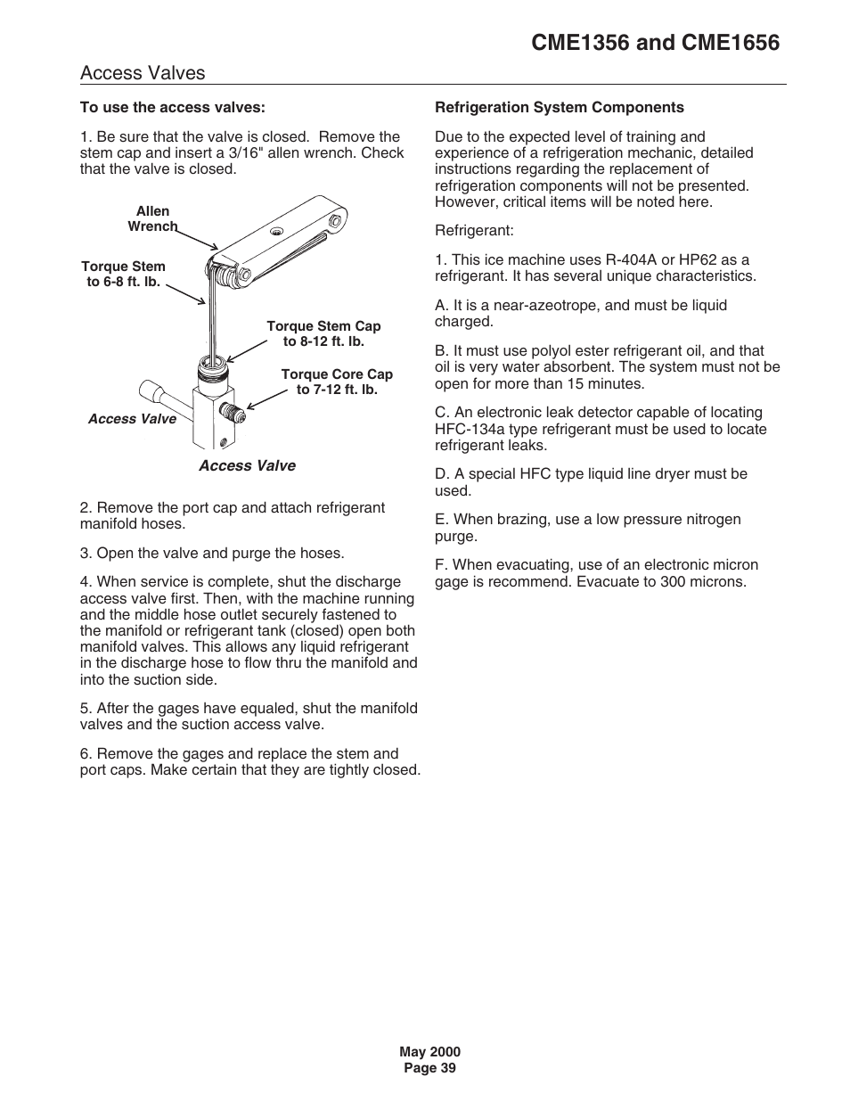 Access valves | Scotsman CME1356 User Manual | Page 39 / 43