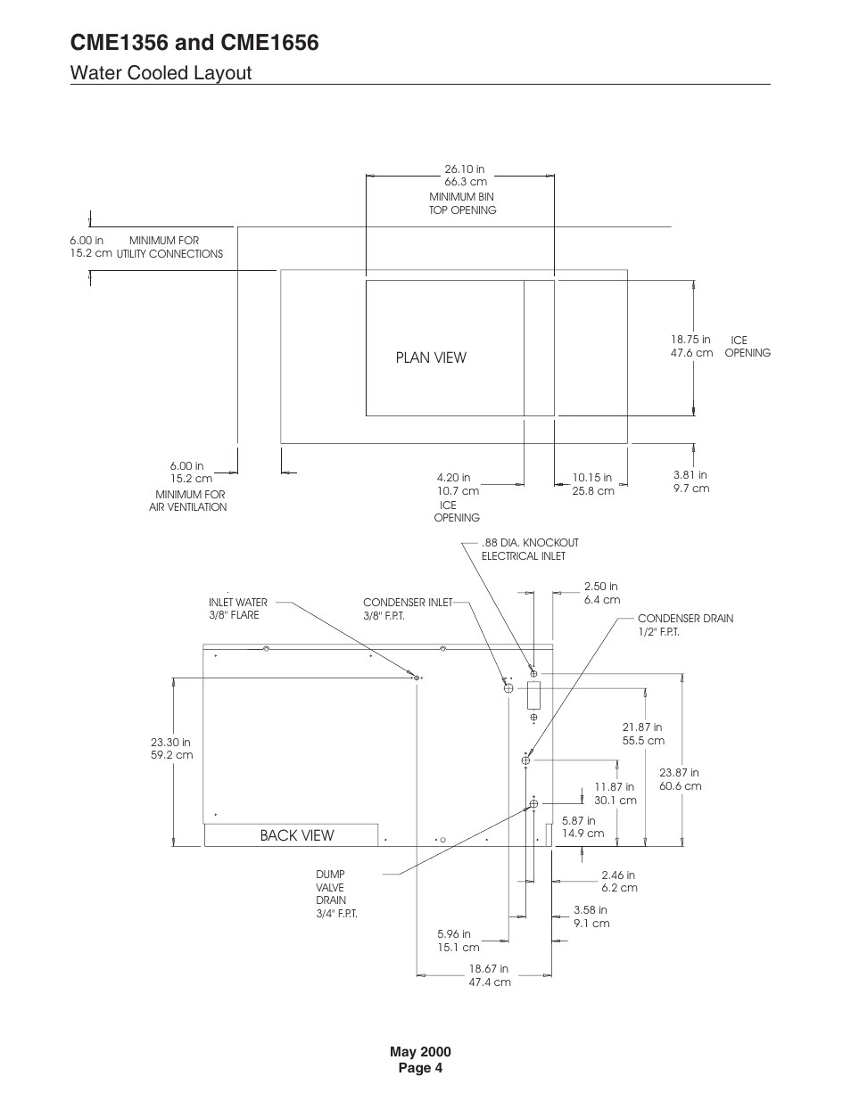 Water cooled layout, Plan view back view | Scotsman CME1356 User Manual | Page 4 / 43