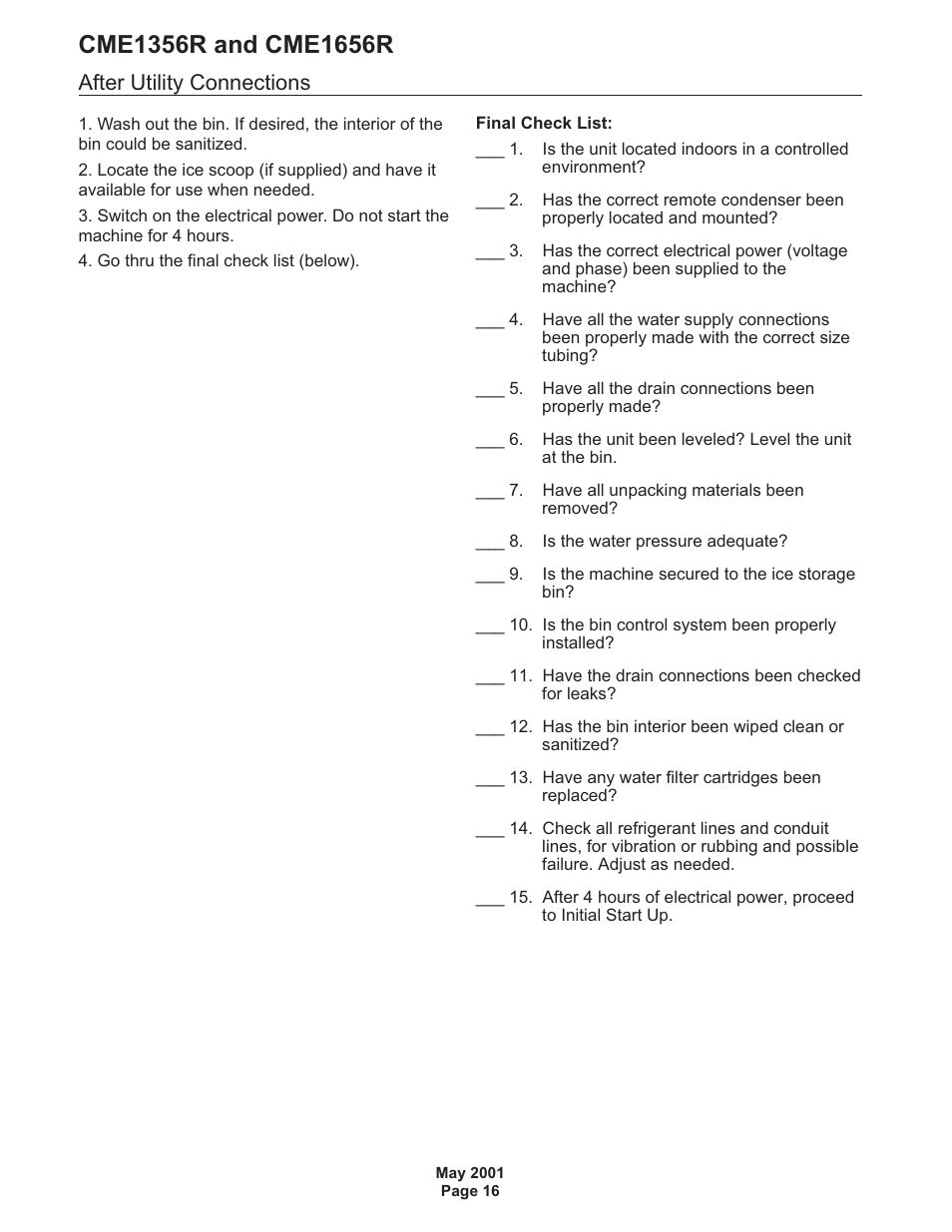 After utility connections | Scotsman CME1356R User Manual | Page 16 / 47