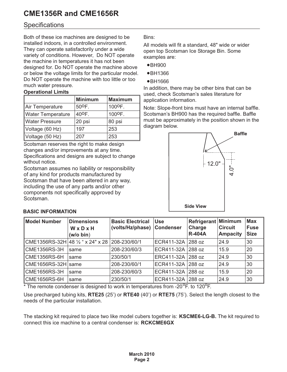 Specifications | Scotsman CME1356R User Manual | Page 2 / 47
