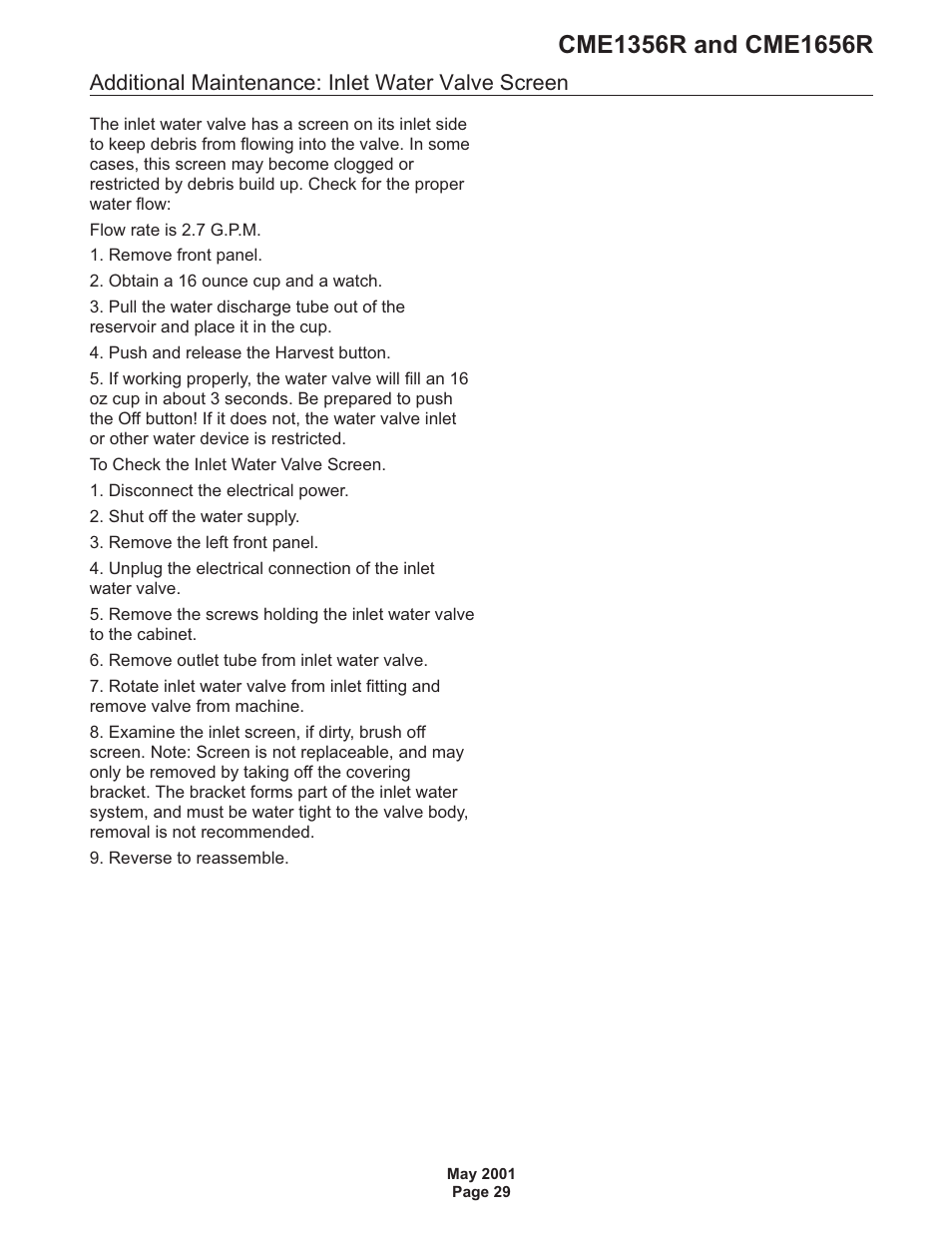 Additional maintenance: inlet water valve screen | Scotsman CME1356R User Manual | Page 29 / 47