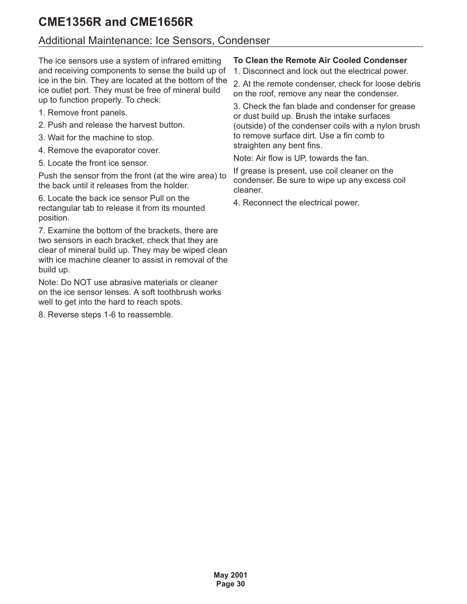 Additional maintenance: ice sensors, condenser | Scotsman CME1356R User Manual | Page 30 / 47