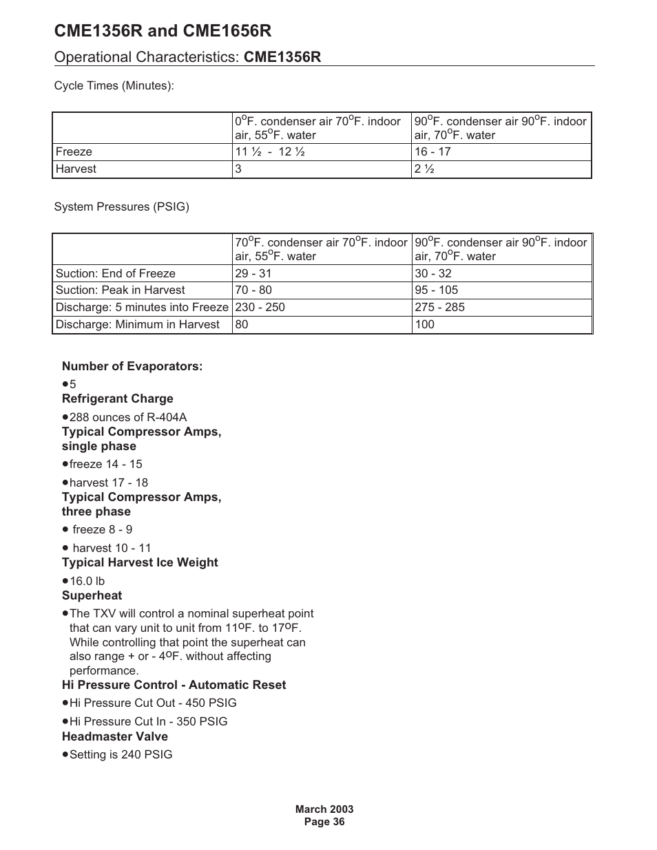 Operational characteristics: cme1356r | Scotsman CME1356R User Manual | Page 36 / 47
