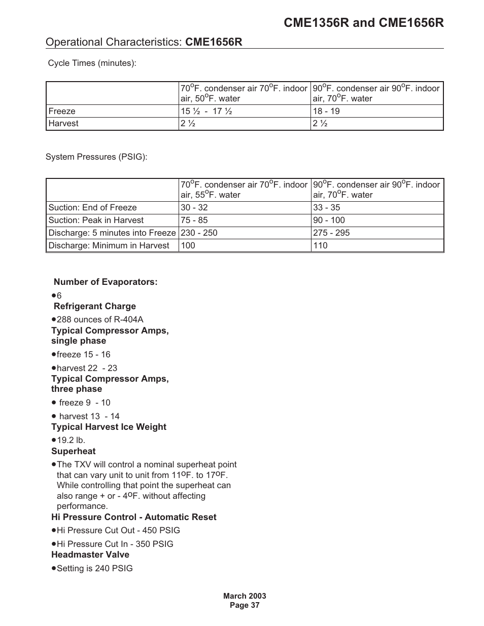 Operational characteristics: cme1656r | Scotsman CME1356R User Manual | Page 37 / 47