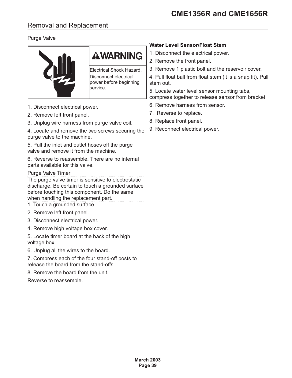 Removal and replacement | Scotsman CME1356R User Manual | Page 39 / 47